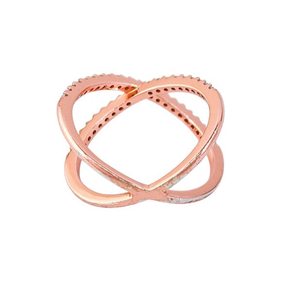 Rose Gold Tone Cubic Zirconia X-Band Ring  | Vintage Sterling Silver | Size 5.25 - Picture 5 of 10